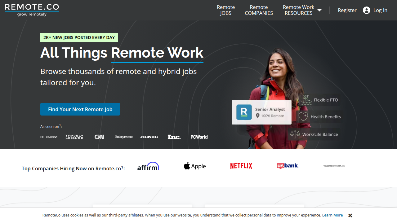 A screenshot of the Remote.co website, showcasing a leading platform for finding vetted remote job opportunities.