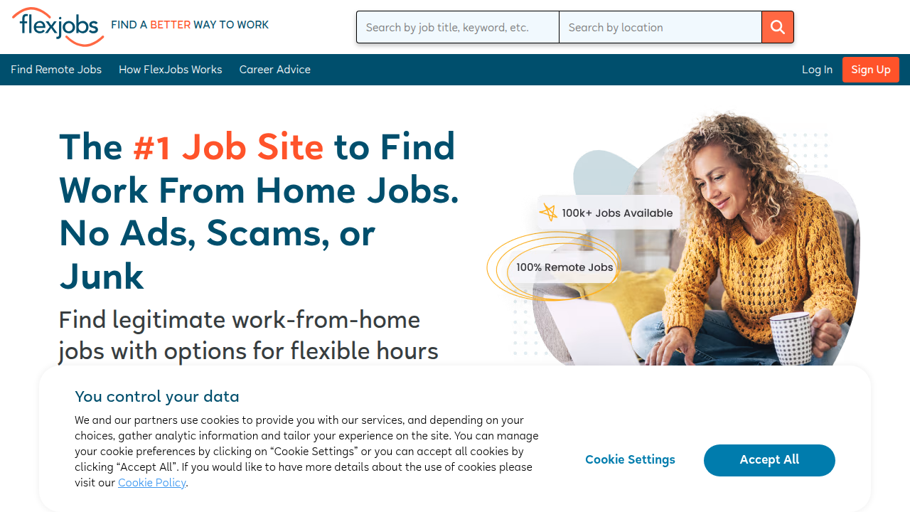 A screenshot of the FlexJobs website, known for its extensive listings of flexible and remote job opportunities across various industries.