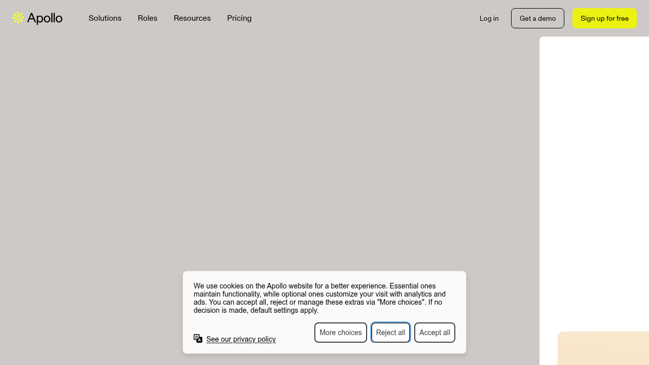 A screenshot of the Apollo.io website, a platform for sales intelligence and engagement, relevant to continuous learning in sales.