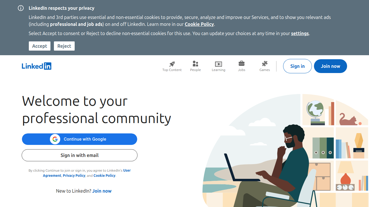 A screenshot of the LinkedIn homepage, highlighting its role as a professional networking platform crucial for remote job seekers to connect and find unadvertised opportunities.