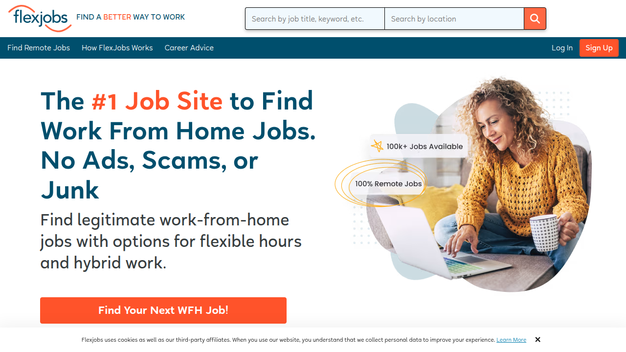 The FlexJobs homepage, a prominent platform for remote job listings, provides a wide array of opportunities for those seeking flexible and remote work arrangements.