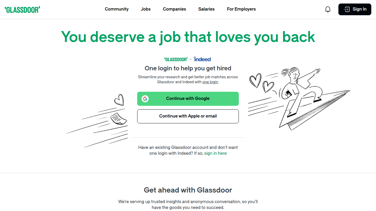 The homepage of Glassdoor, emphasizing company reviews, salary information, and job listings.