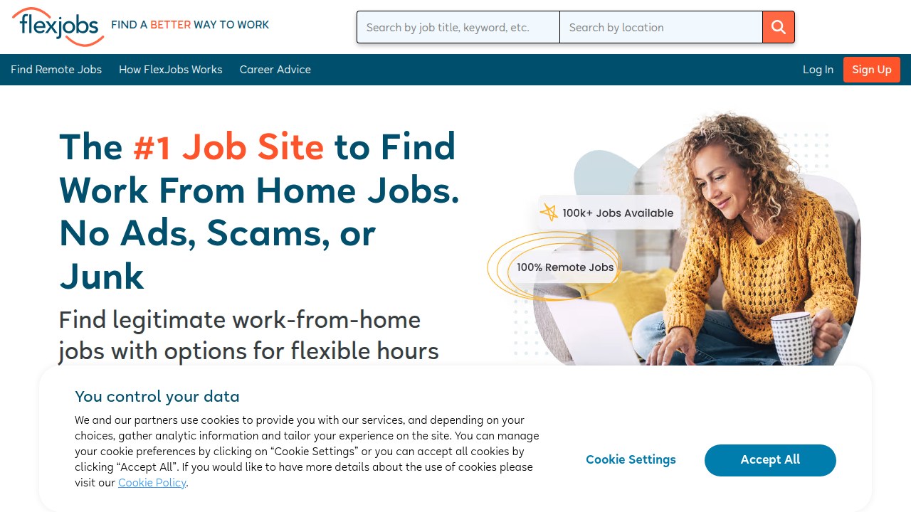 A screenshot of the FlexJobs homepage, emphasizing their rigorous manual vetting process for every job listing to ensure legitimacy and protect job seekers from scams.