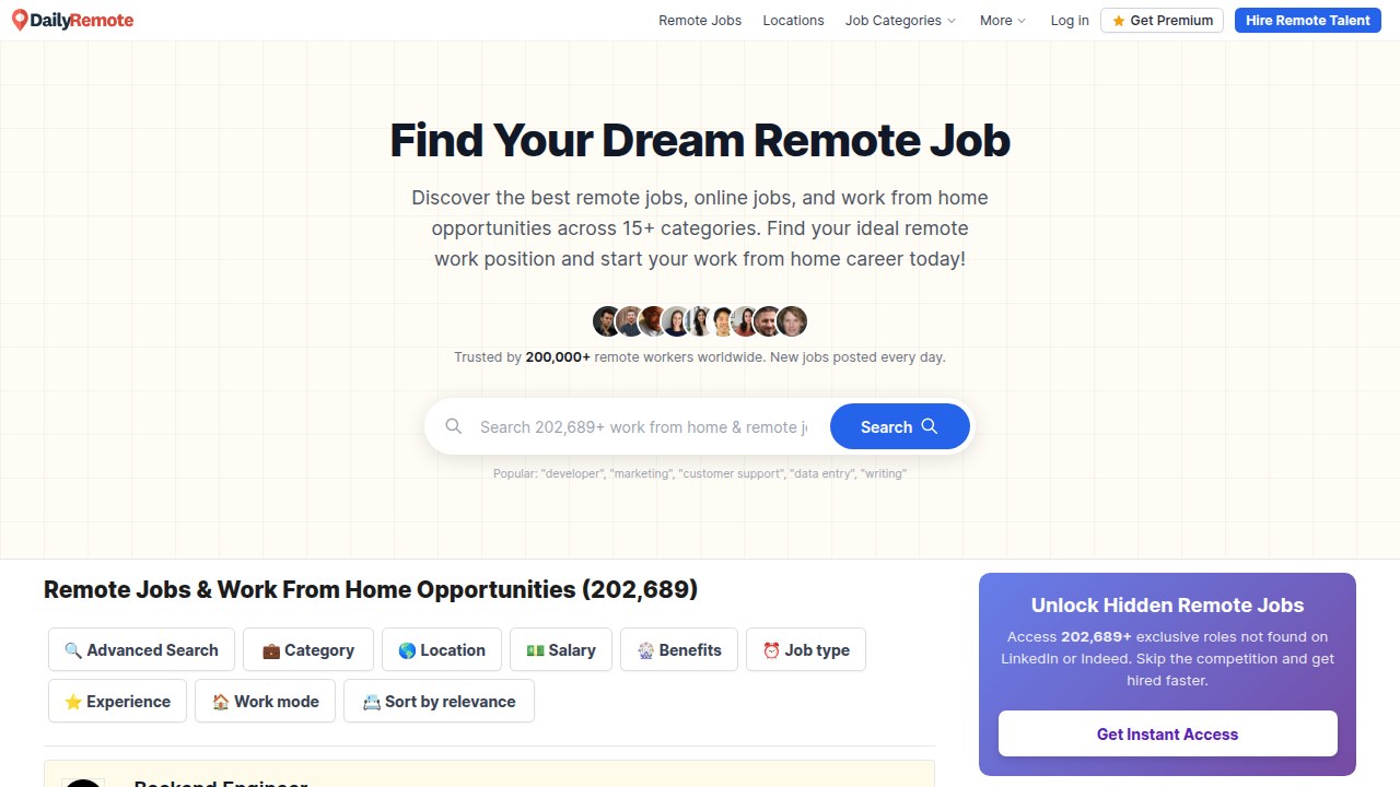 The homepage of DailyRemote, a platform for remote job opportunities, illustrating the widespread availability and demand for flexible work arrangements.