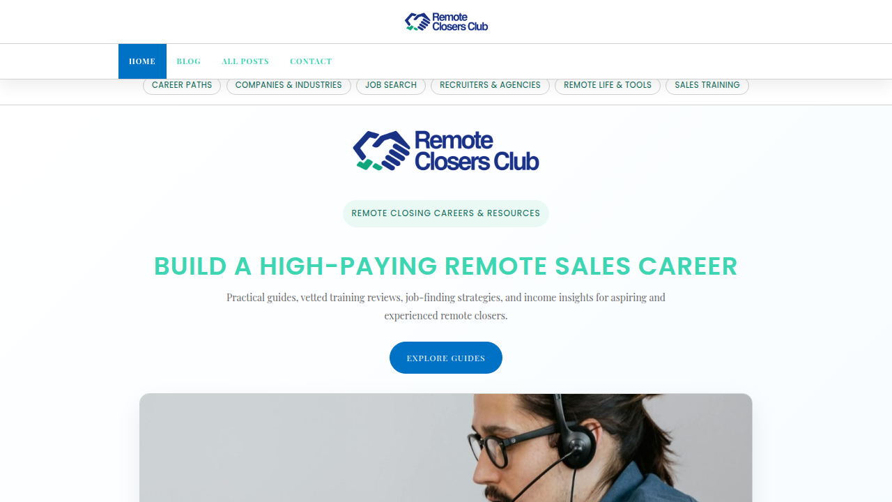 The Remote Closers Club website, a resource for finding legitimate remote job opportunities and building a high-ticket sales career.