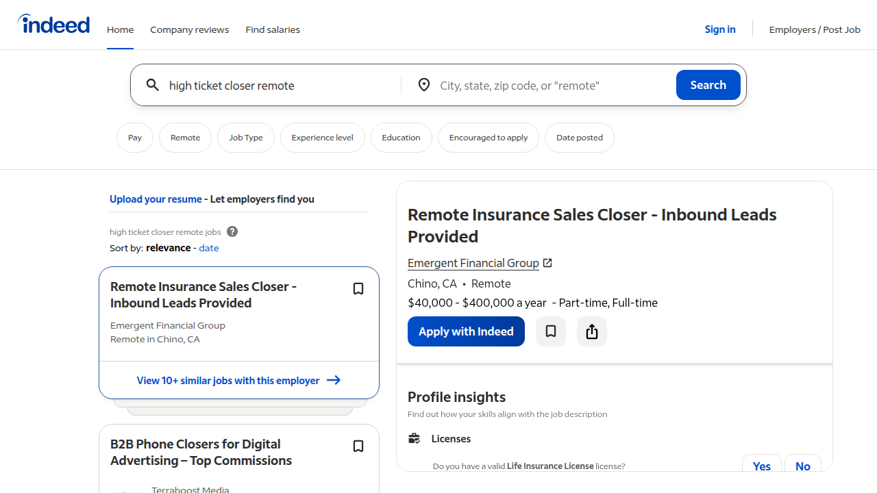 A view of Indeed's job search results for 'high-ticket closer remote,' illustrating the volume of available opportunities.