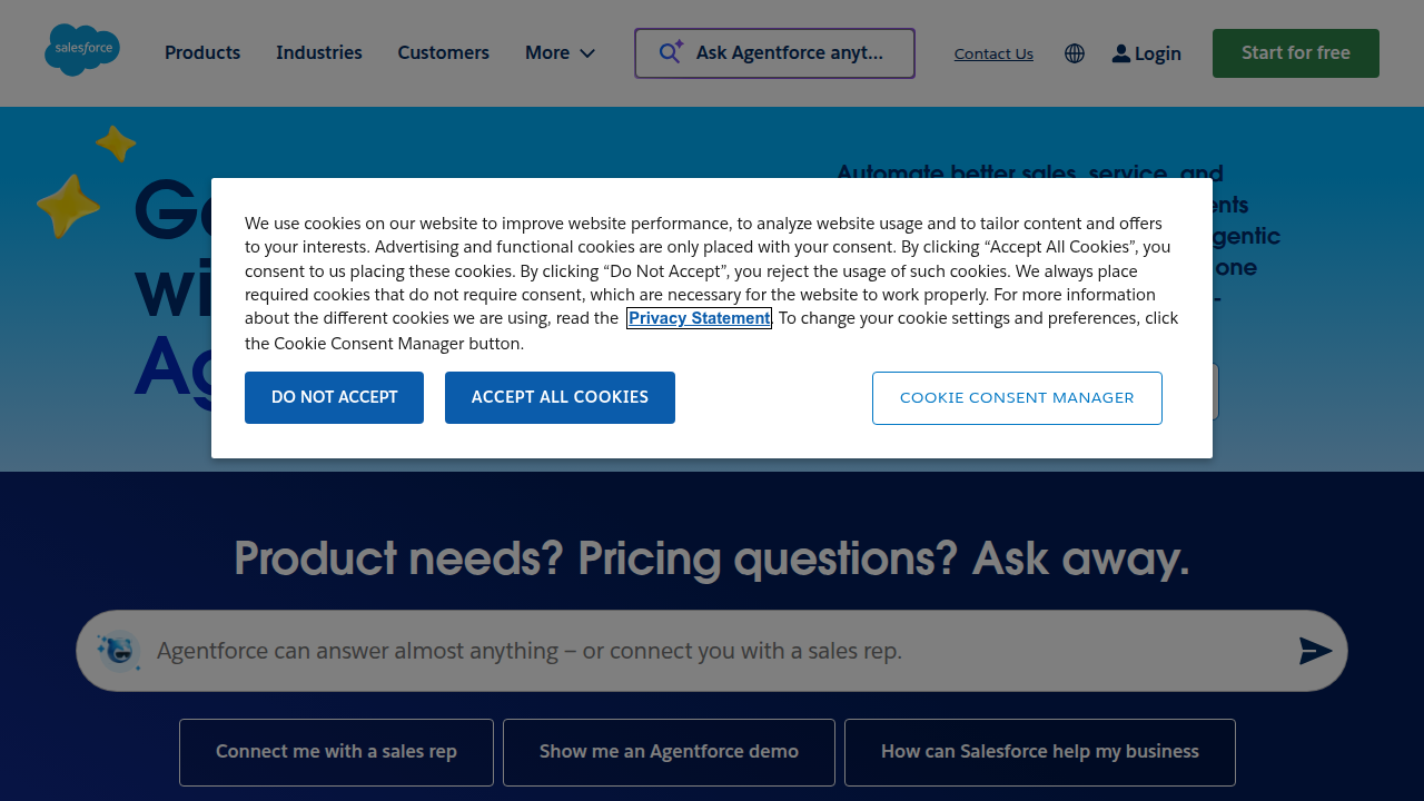 A screenshot of the Salesforce homepage, representing a leading CRM platform essential for managing enterprise sales pipelines.