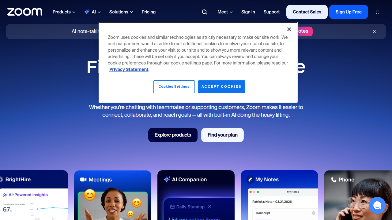 The homepage of Zoom, illustrating a widely used video conferencing tool vital for virtual client interactions in remote sales.